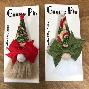 Poinsettia Christmas Gnome Pin Brooch Handmade Gift Guide Bow Magnetic Embossed